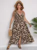 Plus Size Dresses Leopard For Women Spaghetti Strap V Neck High Waist Sleeveless Irregular Ankle-Length Sexy Evening Party Gowns