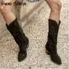 Boots Natural Suede Embroidered Women Boots Leather Handmade Pointed Toe Spike Heel Autumn Winter Boots Cowboy Western Retro Botas 230812