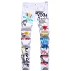 Slim Fit Stretch Fashion Streetwear Youth Hip Hop Style Casual Print Denim Pants Night Club White Straight Byxor