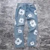Mäns klassiska rakben jeansbyxor byxor för hösten 23fw rak fit casual byxor stilfull broderi blommor broderad blommig 14 augusti