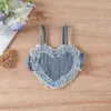 Kleidungs-Sets, 2-teilig, für Babys, Mädchen, schöne Kleidung, Denim, ärmellos, herzförmige Leibchen, Weste, elastisch, zerrissene Shorts, Sommerkleidung