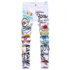 Slim Fit Stretch Fashion Streetwear Youth Hip Hop Style Casual Print Denim Pants Night Club White Straight Byxor