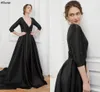 Black Satin Classy A Line Abiti da sera Abiti profondi a V con 3/4 maniche lunghe Eleganti Women Occasionali abiti da ricezione Abito da ballo di tappeto rosso CL2713