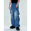 Men's Jeans Multi-pocket American Retro Wide-leg Jeans Loose Street Trend Washed Black Jeans Men's Hip-hop High-waisted Straight-leg Pants 230814