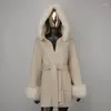 Women's Fur FURYOURSELF 2023 Women Winter Cashmere And Wool Coat Hooded With Faux Collar Belted Soft Middle Length Warm Casual