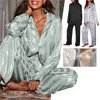 Kvinnors sömnkläder Spring Womens Silk Chemise Women Fashion Pyjamas Stripe Set Long Sleeve Button Down Sleepwear Nightwear Soft PJS Lounge Set 230812