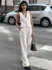 Women's Two Piece Pants Elegant Fashion White 2 Sets Women V Neck Button Tank Tops With Straight Pant Suits Simple Casual Office Lady