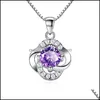 Naszyjniki wiszące 925 Sterling Sier Nowe kobiety biżuteria fioletowa kryształ cyrkon czteroliściowy nakartyk kwiatowy długość 45 cm DHV1Z