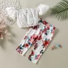 Kläderuppsättningar Solid Color Wrap Top Printed Pants Girls Fashion Two Piece Petal Sleeve Design Floral Mönster Summer Set