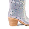 Laarzen Women hebben gericht op teen knie hoge westerse cowgirl laarzen glitter bling glanzend blok hiel lady laarzen zapato 230812