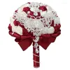 Bröllopsblommor Rhinestone Bride Bridesmaid Brosch Bouquet 18cm Wine Red Pearl Diamond Satin Rose Promotion Diy Supplies ZZ