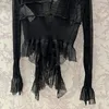 Tricots féminins 2023 Cardigan noir de haute qualité de haute qualité Fashion Fashion Lace-Up Ruffles Flare Long Manche à manches coulissantes Tops Suncreen Tops Runway Vêtements