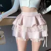 Jupes kawaii lolita rose en satin de soie mini jupe femme princesse dentelle décontractée élégante douce femelle haute taille bandage 2023