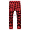 Heren jeans mannen rode plaid bedrukte broek mode slanke stretch jeans trendy plus size rechte broek j230814