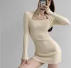 Women's Sweaters 2023 Spring Sexy Retro French Spice Bag Shoulder Hip Square Collar Slim Waist Knit Skirt