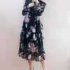 Sukienki zwyczajne Kpop Koreańscy piosenkarze Summer Vintage kwiatowy nadruk długie kobiety eleganckie świąteczne w stylu sangee z rękawami