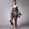 Women's Sleepwear Women's Silk Satin Pajamas Set 3 Pcs Floral Silky Pj Sets Sleepwear Cami Nightwear with Robe and Pant 230812