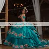 Charro Off Shoulder Quinceanera Dresses Beaded Embroidery Appliques Ruffles Puffy Skirt Corset Mexican Prom Dance Dress