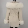 Women's Fur FURYOURSELF 2023 Women Winter Cashmere And Wool Coat Hooded With Faux Collar Belted Soft Middle Length Warm Casual