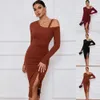 2023 Women's Dress Split Off Shoulder Autumn Winter Wrap Hip Long Sleeve Fashion Dress