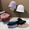 Berets Luxury Color Rhinestone Lamb Faux Fur Bucket Hat Women Korean Leisure Fashion Basin Lady Winter Warm Fisherman