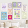 Abstrakte dänische Pastelleinwand Malerei lila karierte Smiley Blumenplakat und Druckbilder ästhetische Wandkunst Mädchen Schlafzimmer Wohnzimmer Dekor wo6