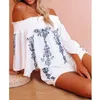 Kvinnors spårfamiljer Kvinnor Slash Neck Sexig Set Spring Summer Blus Shorts Pants Shirred Off Axla Graphic Print Bell Sleeve Top
