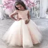 Kız Elbiseler Pembe Tül Aplikes Düğün Doğum Günü Partisi için Büyük Yay Çiçeği ile Sevimli Yürümeye Başlayan İlk Cemaat Pageant önlükleri
