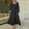 Vestidos casuais Mulheres vintage maxi vestido solto de cor sólida bolsos de manga comprida
