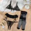 Sexig uppsättning sexiga underkläder med strumpor Set Women's Intimates spets underkläder Bra trosor Set G-sträng strumpebälte sexuell underkläder erotisk hkd230814