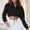 Dames hoodies vrouwen crop top hoodie casual lange mouw capuchon short sweatshirt sexy revers rits omhoog voor trekkoord pullover tops