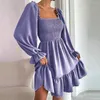 Casual Dresses Spring Autumn Women Dress Pleated Wrapped Chest Mini Long Sleeve High Waist Ruffle Loose Hem A-Line