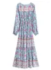 Lässige Kleider Yenkye 2023 Frauen Blumendruck Boho Langes Kleid Vintage Drawess Taille gegen Nacken weibliche Urlaub