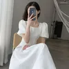 Casual Dresses Vintage Elegant Midi Dress for Women 2023 Summer Pecked Square Collar Female Ball Gown Puff Sude A- Line