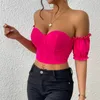 Women's T Shirts Rose Red Color Kawaii Clothes Low-Cut Girl Sexy Lacing Ruffle Short Sleeve Crop Top Girdle The Waist T-shirt