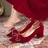 Dress Shoes Red Crystal Wedding Pumps Women Pointed Toe Rhinestone Bowtie Bride Shoes for Wedding 2022 Luxury Pearls Ankle Strap Pumps Woman J230815