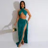 Work Dresses Solid Tassel Bandage Two Piece Skirts Sets Women Sexy Cross Halter Backless Crop Tops Side High Split Maxi Dress Suit Party