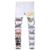 Slim Fit Stretch Fashion Streetwear Youth Hip Hop Style Casual Print Denim Pants Night Club White Straight Byxor