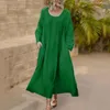 Vestidos casuais Mulheres vintage maxi vestido solto de cor sólida bolsos de manga comprida
