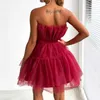 Casual Dresses Off Shoulder Frill Trim Sheer Mesh Swing Dress Women Bow High Waist Mini Fluffy Skirts Strapless Sexy Ruffles Evening