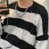 Men's Sweaters Striped O-neck patterned sweater with hollow Korean street knit waist unisex bag design personalized and fully matched with teenagers Z230814
