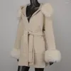 Women's Fur FURYOURSELF 2023 Women Winter Cashmere And Wool Coat Hooded With Faux Collar Belted Soft Middle Length Warm Casual