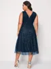 Günlük Elbiseler Moda 4xl Kadınlar için Mavi Zarif Midi Curvy Şifon Giyim 2023 Yaz Sonbahar Bayanlar Kokteyl Akşam Partisi Elbise