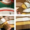 Herrtröjor Tröja Herrens Autumn New Stripe Knittad Par Full matchande Retro Student Rainbow Street Clothing Warm Fashion O-Neck Z230815