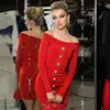 Casual Dresses Ailigou 2023 Women's Red Off Shoulder Bandage Mini Dress Button Långärmad Bodycon Celebrity Party Elegant Vestidos