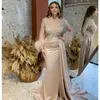 Plumes perlées robes de bal manches longues trompette sirène Champagne Satin arabe femmes robes de soirée 2024 328 328