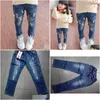 Jeans vårhöst elastiska midja barn denim byxor barn pojkar avslappnade rippade leggings för flickor barnkläder 210811 drop del dhpak