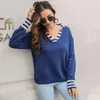 Frauenpullover 2023 Herbst und Winter European American Fashion Lose Striped Revers Pullover Langarmed gestrickter Pullover Trend