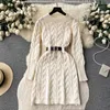 Casual klänningar amerikansk stil damer för kvinnor långärmad o-hals bälte stickning höst vinter vestidos mångsidig klänning droppe