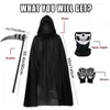 Andra evenemangsfest levererar kreativa Halloween Grim Reaper Costume unisex kappa barn skrämmande kostymer med mantel glödande röda ögon huva bälte skyte handskar 230814